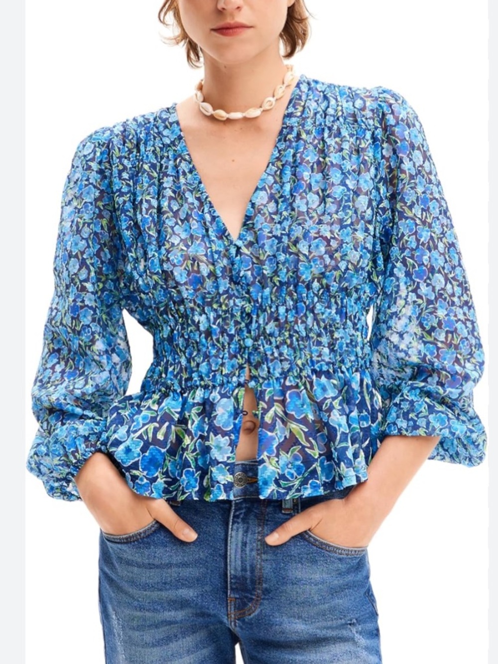 BOGO! Desigual Zoe Floral Smocked Waist Blouse Navy Size Large